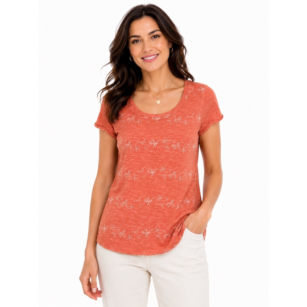 Natural Reflections Coral Slub Cotton Tee Embroidered Floral Casual Boho M